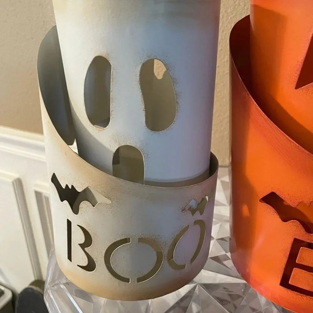 Glitzhome Set of 2 Pumpkin and Ghost Boo and Eek Metal Candle Holders